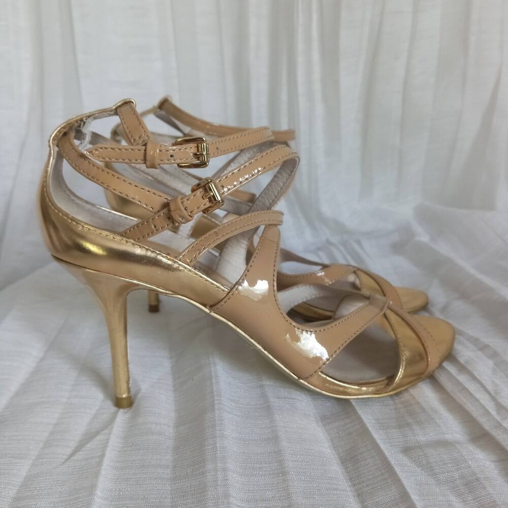 Michael Kors 2-Tone Leather Strappy Sandals Gold SZ 6 Almond High Heels Comfort